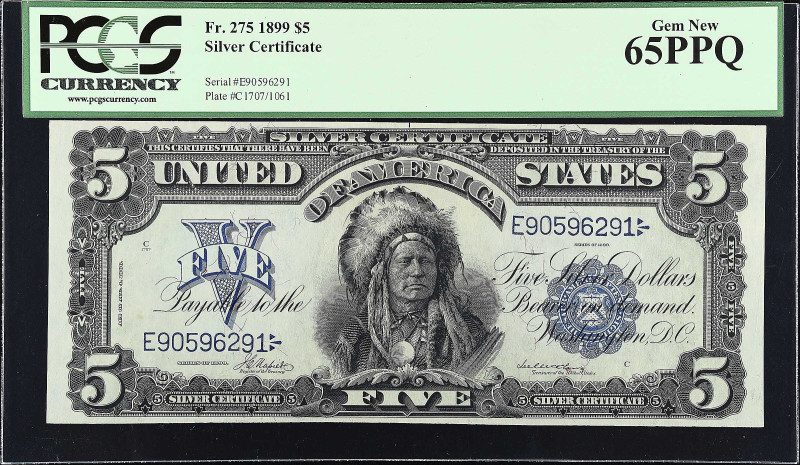 Fr. 275. 1899 $5 Silver Certificate. PCGS Currency Gem New 65 PPQ.

A design t...