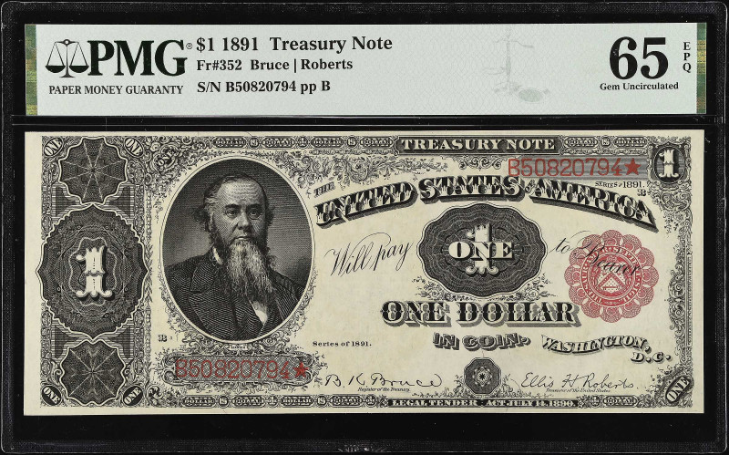 Fr. 352. 1891 $1 Treasury Note. PMG Gem Uncirculated 65 EPQ.

Mountainous embo...