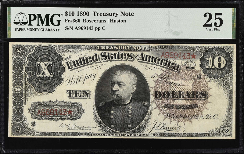 Fr. 366. 1890 $10 Treasury Note. PMG Very Fine 25.

This highly attractive She...