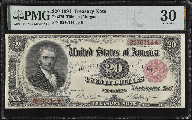 Fr. 375. 1891 $20 Treasury Note. PMG Very Fine 30.

An attractive Very Fine ex...