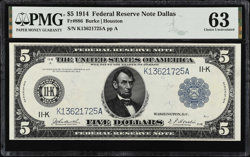 Fr. 886. 1914 $5 Federal Reserve Note. Dallas. PMG Choice Uncirculated 63.

Ju...