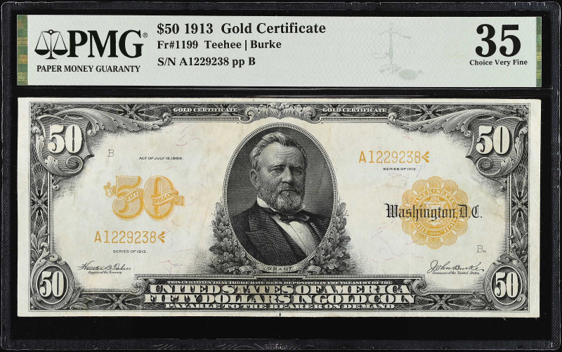 Fr. 1199. 1913 $50 Gold Certificate. PMG Choice Very Fine 35.

A scarce 1913 s...