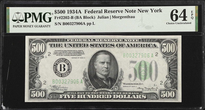 Fr. 2202-B. 1934A $500 Federal Reserve Note. New York. PMG Choice Uncirculated 6...