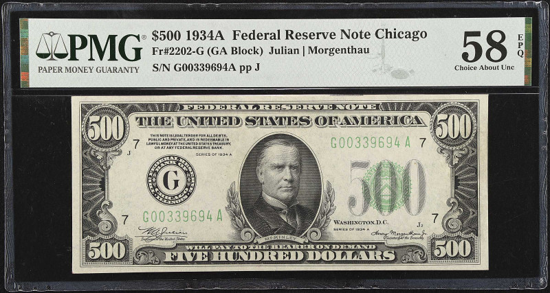 Fr. 2202-G. 1934A $500 Federal Reserve Note. Chicago. PMG Choice About Uncircula...