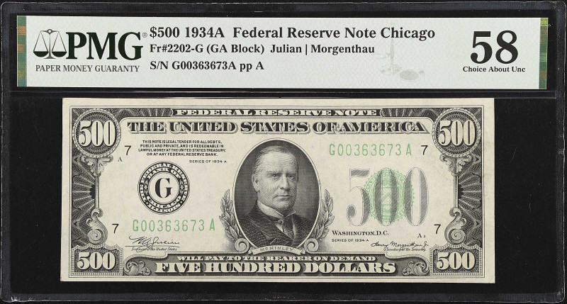 Fr. 2202-G. 1934A $500 Federal Reserve Note. Chicago. PMG Choice About Uncircula...