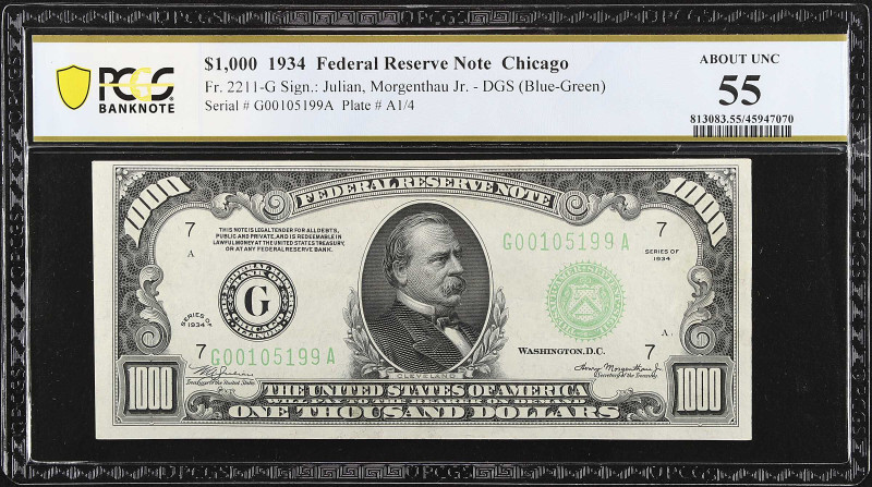 Fr. 2211-G. 1934 $1000 Dark Green Seal Federal Reserve Note. Chicago. PMG About ...