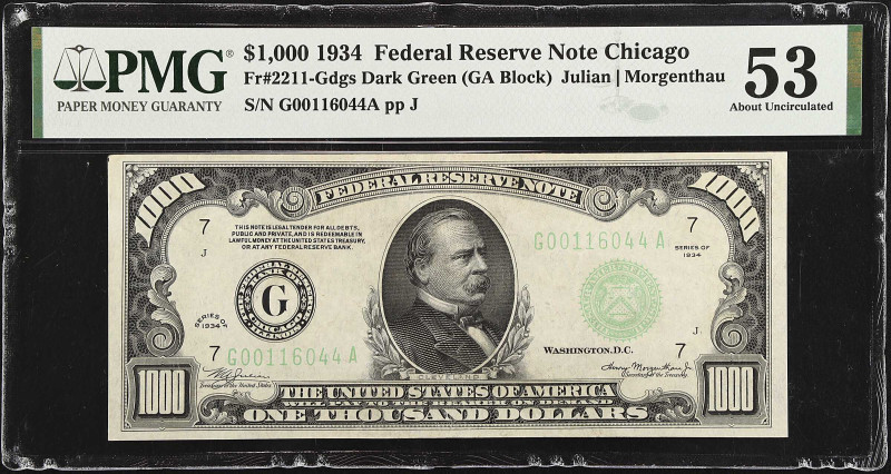 Fr. 2211-Gdgs. 1934 $1000 Dark Green Seal Federal Reserve Note. Chicago. PMG Abo...