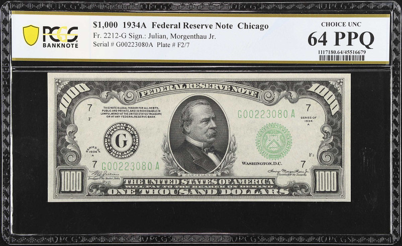 Fr. 2212-G. 1934A $1000 Federal Reserve Note. Chicago. PCGS Banknote Choice Unci...