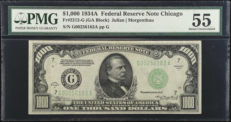 Fr. 2212-G. 1934A $1000 Federal Reserve Note. Chicago. PMG About Uncirculated 55...