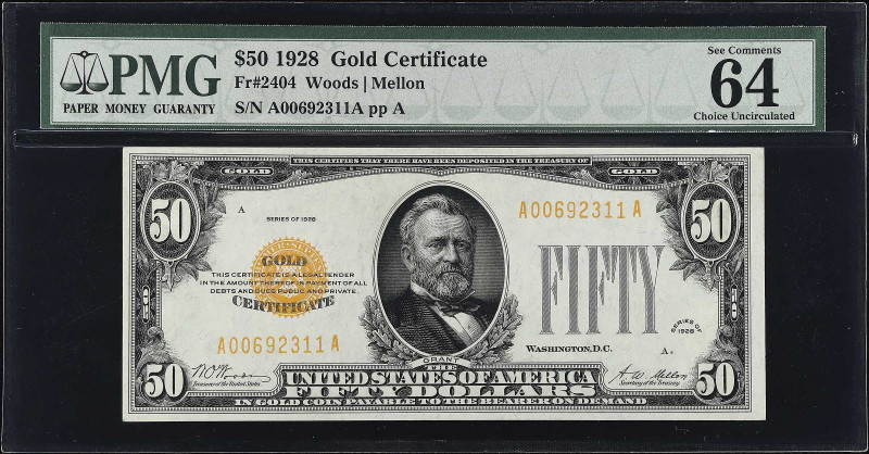 Fr. 2404. 1928 $50 Gold Certificate. PMG Choice Uncirculated 64 EPQ.

An often...