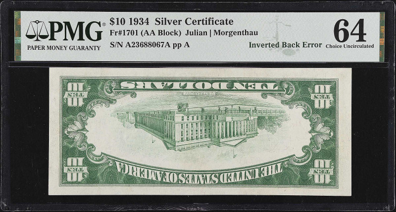 Fr. 1701. 1934 $10 Silver Certificate. PMG Choice Uncirculated 64. Inverted Back...