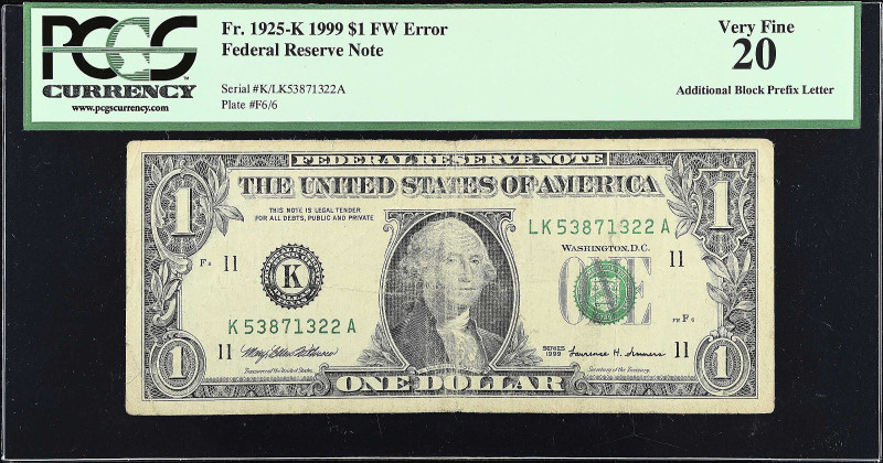 Fr. 1925-K. 1999 $1 Federal Reserve Note. Dallas. PCGS Currency Very Fine 20. Ad...