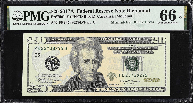 Fr. 7001-E. 2017A $20 Federal Reserve Note. Richmond. PMG Gem Uncirculated 66 EP...