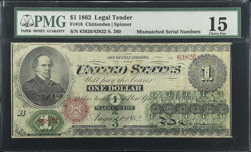 Fr. 16. 1862 $1 Legal Tender Note. PMG Choice Fine 15. Mismatched Serial Number ...