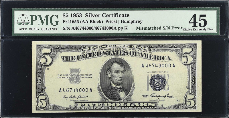 Fr. 1655. 1953 $5 Silver Certificate. PMG Choice Extremely Fine 45. Mismatched S...