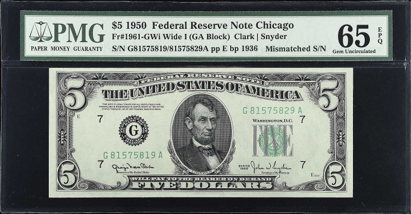 Fr. 1961-GWi. 1950 $5 Federal Reserve Note. Wide I. Chicago. PMG Gem Uncirculate...