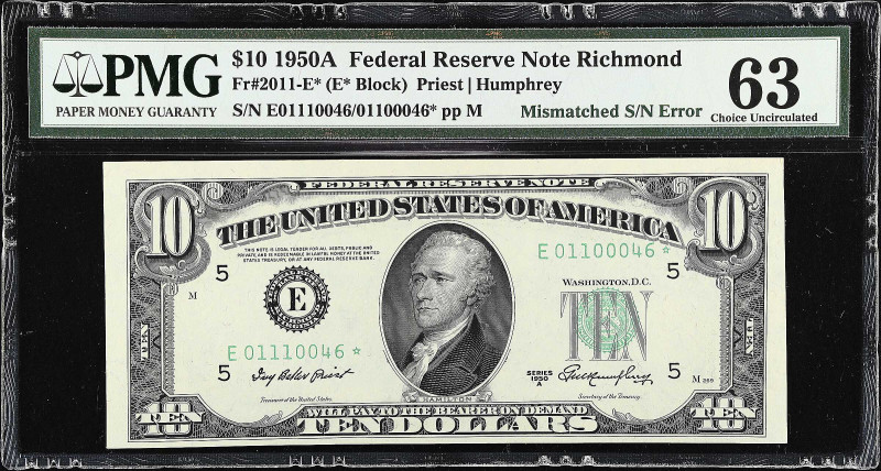 Fr. 2011-E*. 1950A $10 Federal Reserve Star Note. Richmond. PMG Choice Uncircula...