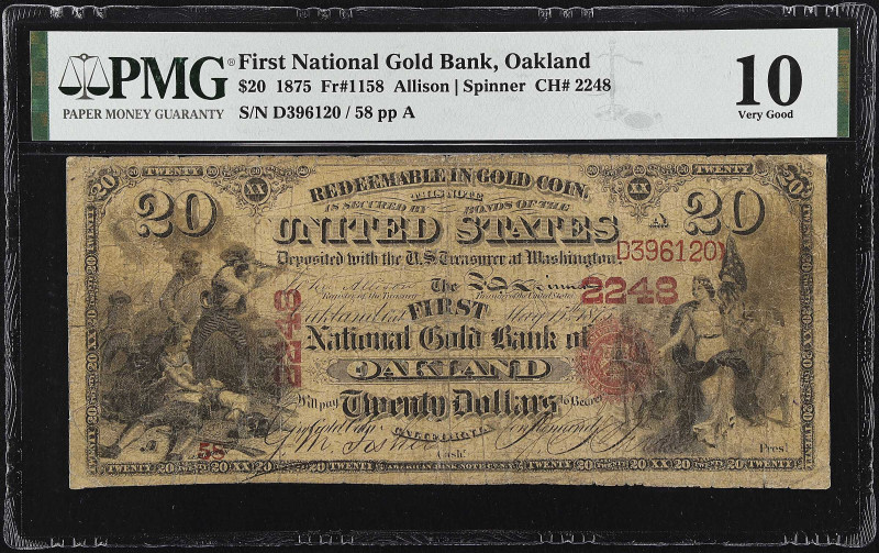 Oakland, California. $20 1875. Fr. 1158. The First National Gold Bank. Charter #...