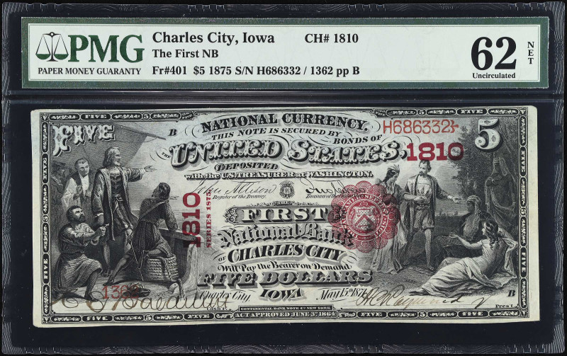 Charles City, Iowa. $5 1875. Fr. 401. The First NB. Charter #1810. PMG Uncircula...