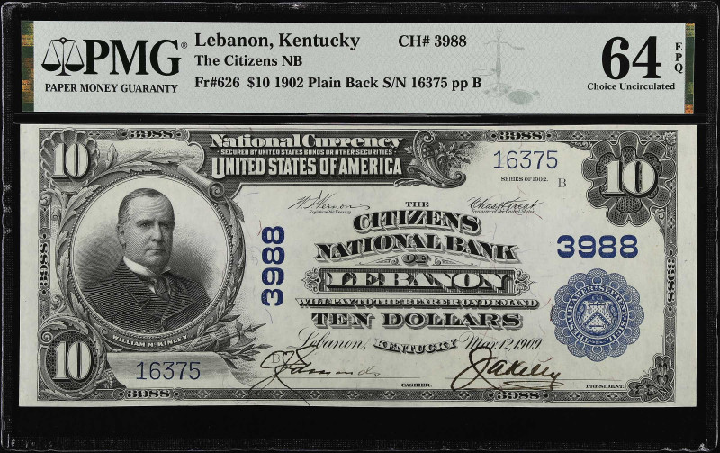 Lebanon, Kentucky. $10 1902 Plain Back. Fr. 626. The Citizens NB. Charter #3988....