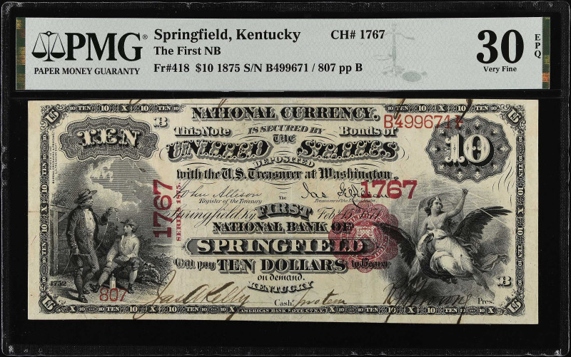 Springfield, Kentucky. $10 1875. Fr. 418. The First NB. Charter #1767. PMG Very ...