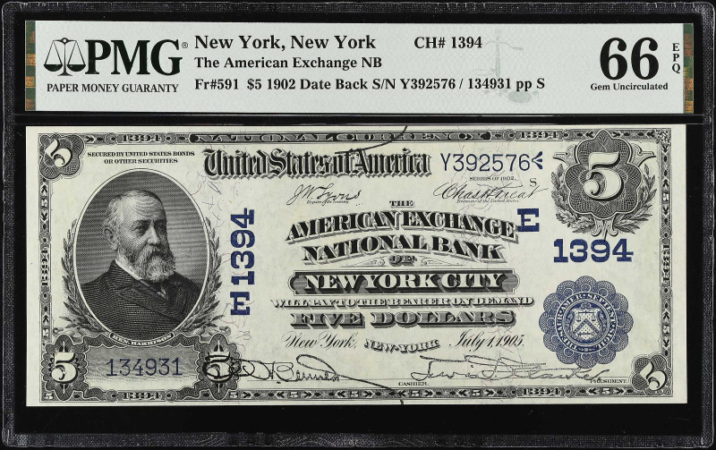 New York, New York. 1902 Date Back $5 Fr. 591. The American Exchange NB. Charter...