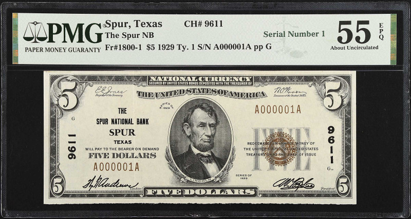 Spur, Texas. $5 1929 Ty. 1. Fr. 1800-1. The Spur NB. Charter #9611. PMG About Un...