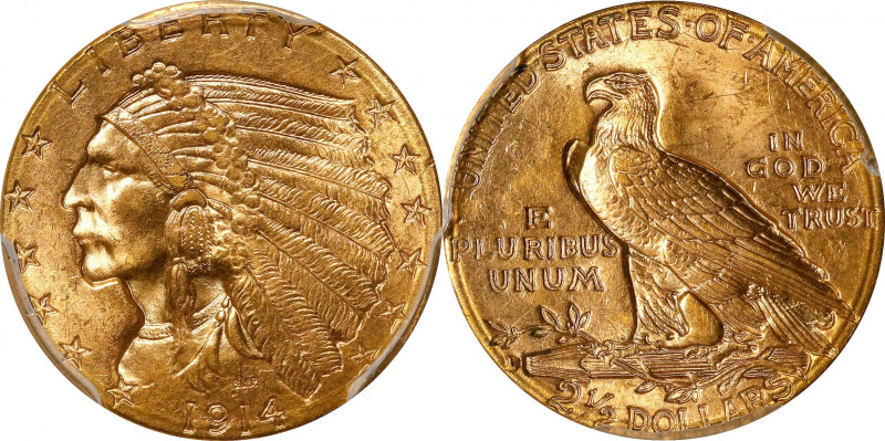 1914-D Indian Quarter Eagle. MS-64+ (PCGS).

Satiny and lustrous golden-wheat ...