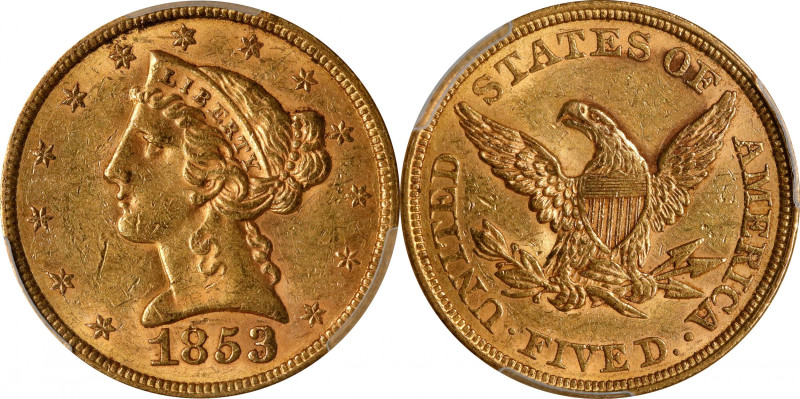 1853 Liberty Head Half Eagle. MS-61 (PCGS). CAC.

Scarce and desirable Mint St...