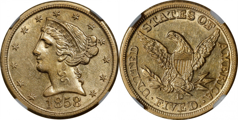 1858-D Liberty Head Half Eagle. Winter 43-HH. AU-55 (NGC).

Attractive golden-...