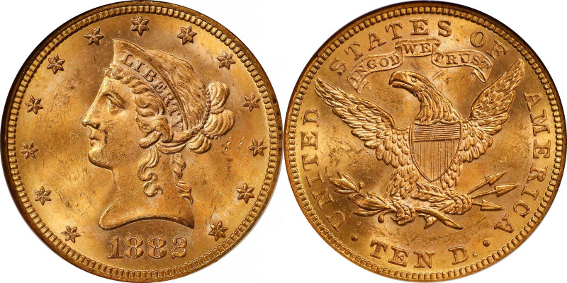 1882 Liberty Head Eagle. MS-64 (NGC).

A frosty rose-gold example with a razor...