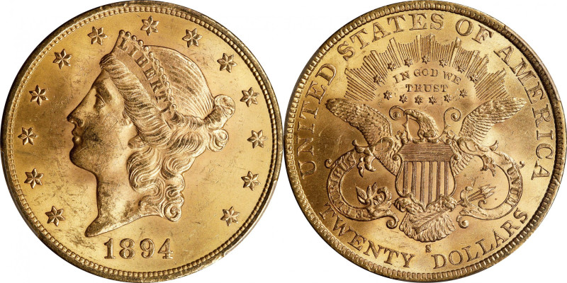 1894-S Liberty Head Double Eagle. MS-63 (PCGS). CAC.

Intensely lustrous green...