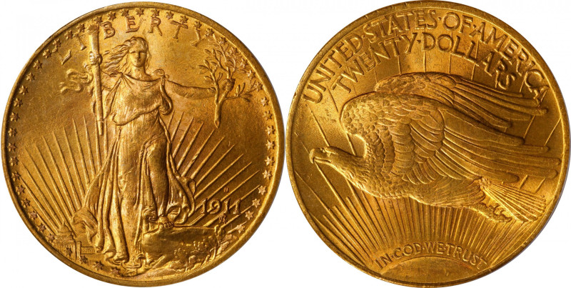 1911-S Saint-Gaudens Double Eagle. MS-65 (PCGS).

Billowy mint frost mingles w...