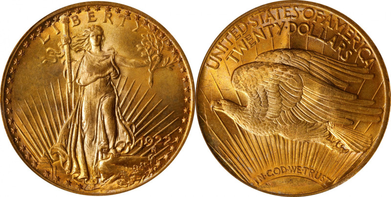 1922 Saint-Gaudens Double Eagle. MS-65 (PCGS).

Lustrous surfaces are sharply ...