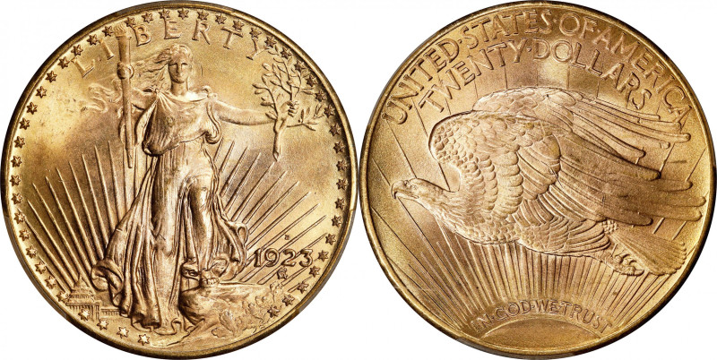 1923-D Saint-Gaudens Double Eagle. MS-66+ (PCGS).

Frosty green-gold surfaces ...