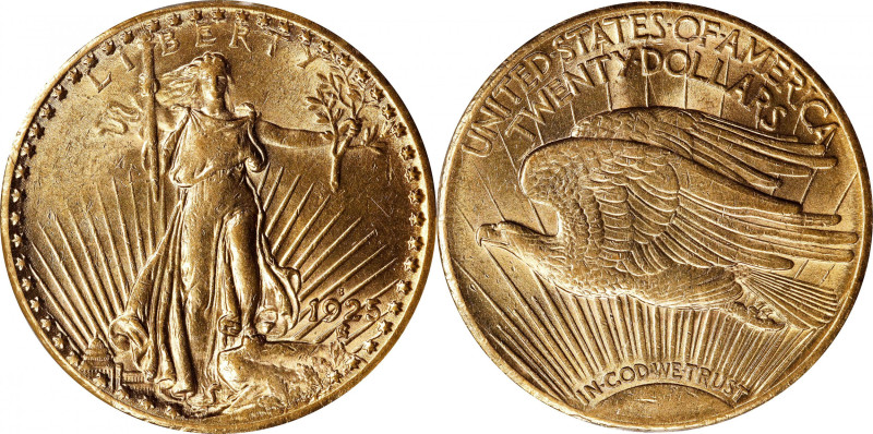 1925-S Saint-Gaudens Double Eagle. AU-58 (PCGS).

A bright, vivid, medium gold...