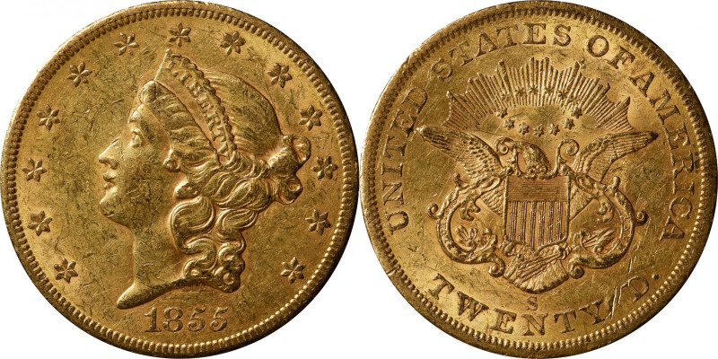 1855-S Liberty Head Double Eagle. About Uncirculated, Lightly Cleaned (Uncertifi...