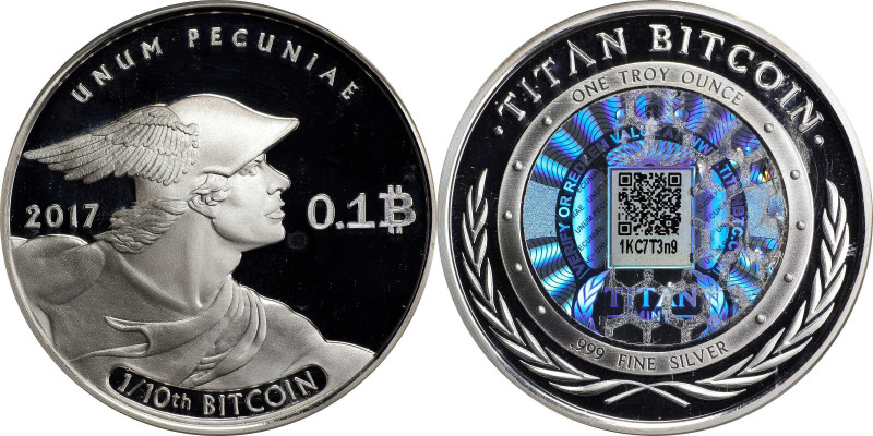 Redeemed 2017 Titan Mint 0.1 Bitcoin (BTC). Firstbits 1KC7T3n9. Serial No. 258. ...