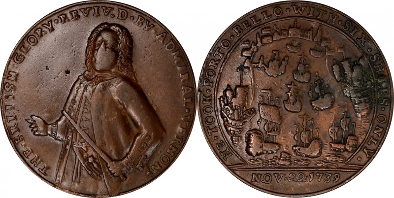 1739 Admiral Vernon Medal. Porto Bello with Vernon's Portrait Alone. Adams-Chao ...