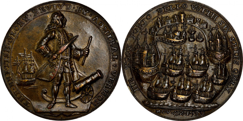 1739 Admiral Vernon Medal. Porto Bello with Vernon's Portrait and Icons. Adams-C...