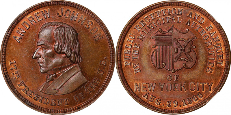 1866 Andrew Johnson Campaign Medal. DeWitt-AJOHN 1866-4. Copper. MS-66 RB (NGC)....