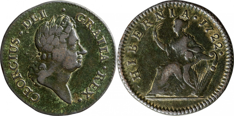 1722 Wood's Hibernia Halfpenny. Martin 4.20-C.4, W-12810. Rarity-5. Second Type,...