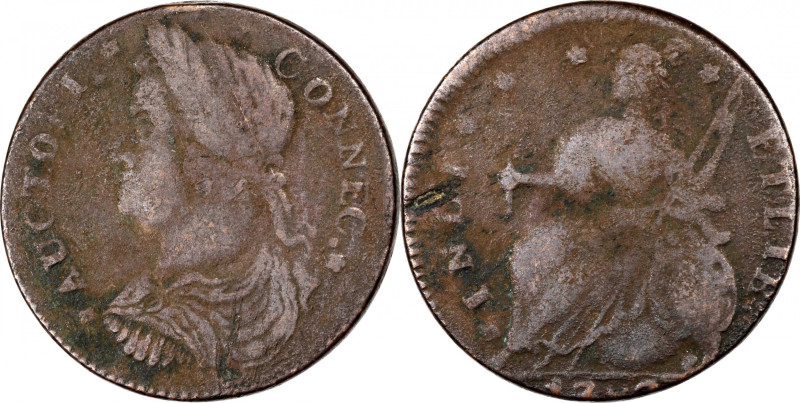 1787 Connecticut Copper. Miller 32.4-Z.3, W-3250. Rarity-5+. Draped Bust Left. V...