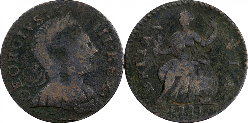 1771 Machin's Mills Halfpenny. Vlack 3-71B, W-7680. Rarity-5. GEORGIVS III, Grou...