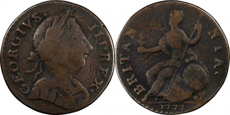 1772 Machin's Mills Halfpenny. Vlack 5-72A, W-7710. Rarity-6. GEORGIVS III, Grou...