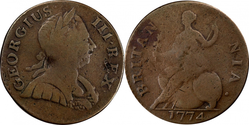 1774 Machin's Mills Halfpenny. Vlack 7-74A, W-7770. Rarity-6-. GEORGIUS III, Gro...