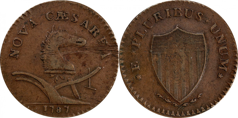 1787 New Jersey Copper. Maris 63-s, W-5375. Rarity-2. Sprig Above Plow. Very Fin...