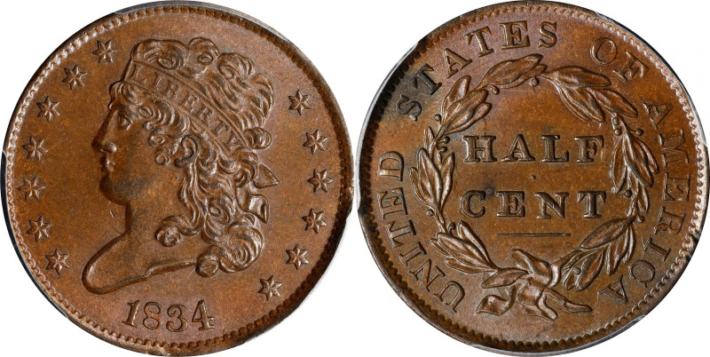 1834 Classic Head Half Cent. C-1, the only known dies. Rarity-1. MS-64 BN (PCGS)...