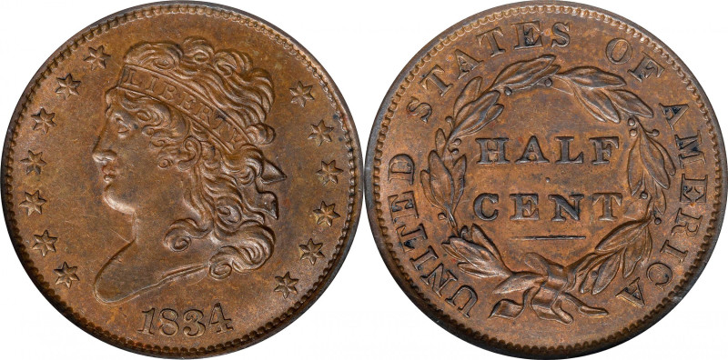 1834 Classic Head Half Cent. C-1, the only known dies. Rarity-1. MS-64 BN (NGC)....