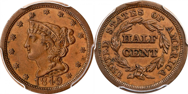 1849 Braided Hair Half Cent. C-1. Rarity-2. Large Date. AU-55 (PCGS).

PCGS# 1...